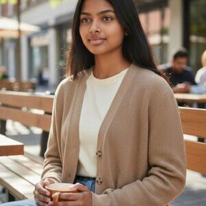 MNG Mango Essentials 3 Button Cardigan V Neck Cappucino Women's Size Large